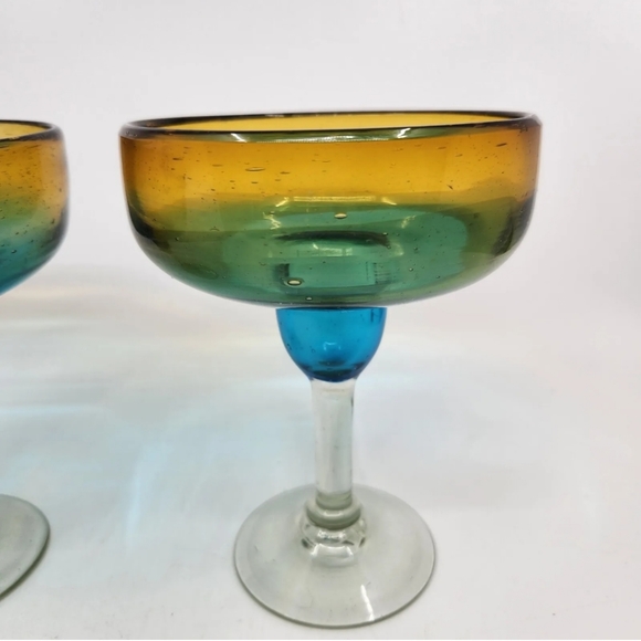 Vtg Pair Mexican Hand-Blown  Margarita Art Glasses Amber/ Turquoise Fade HEAVY - Picture 3 of 8